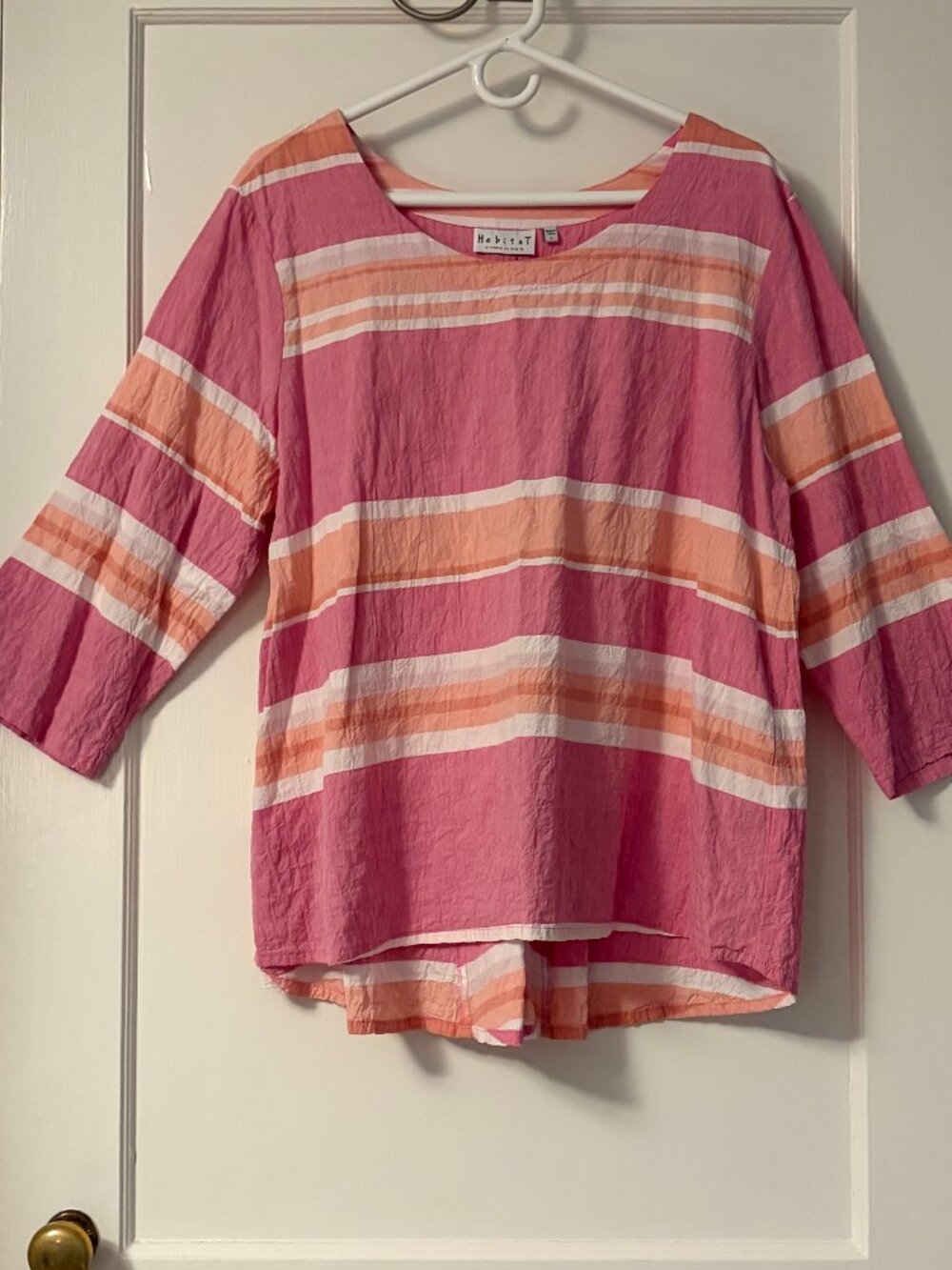 Habitat striped gauzy cotton blouse 3/4 sleeve size large lagenlook summer pink